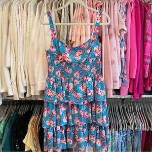 Betsey Johnson Blue and Pink Rose Floral Tiered Dress